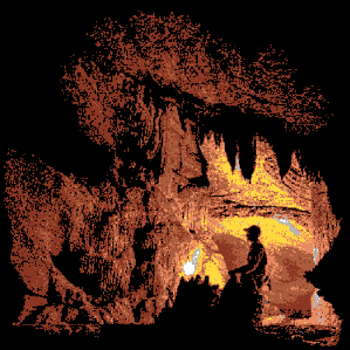 Pixel art of a spelunker exploring a glowing cavern